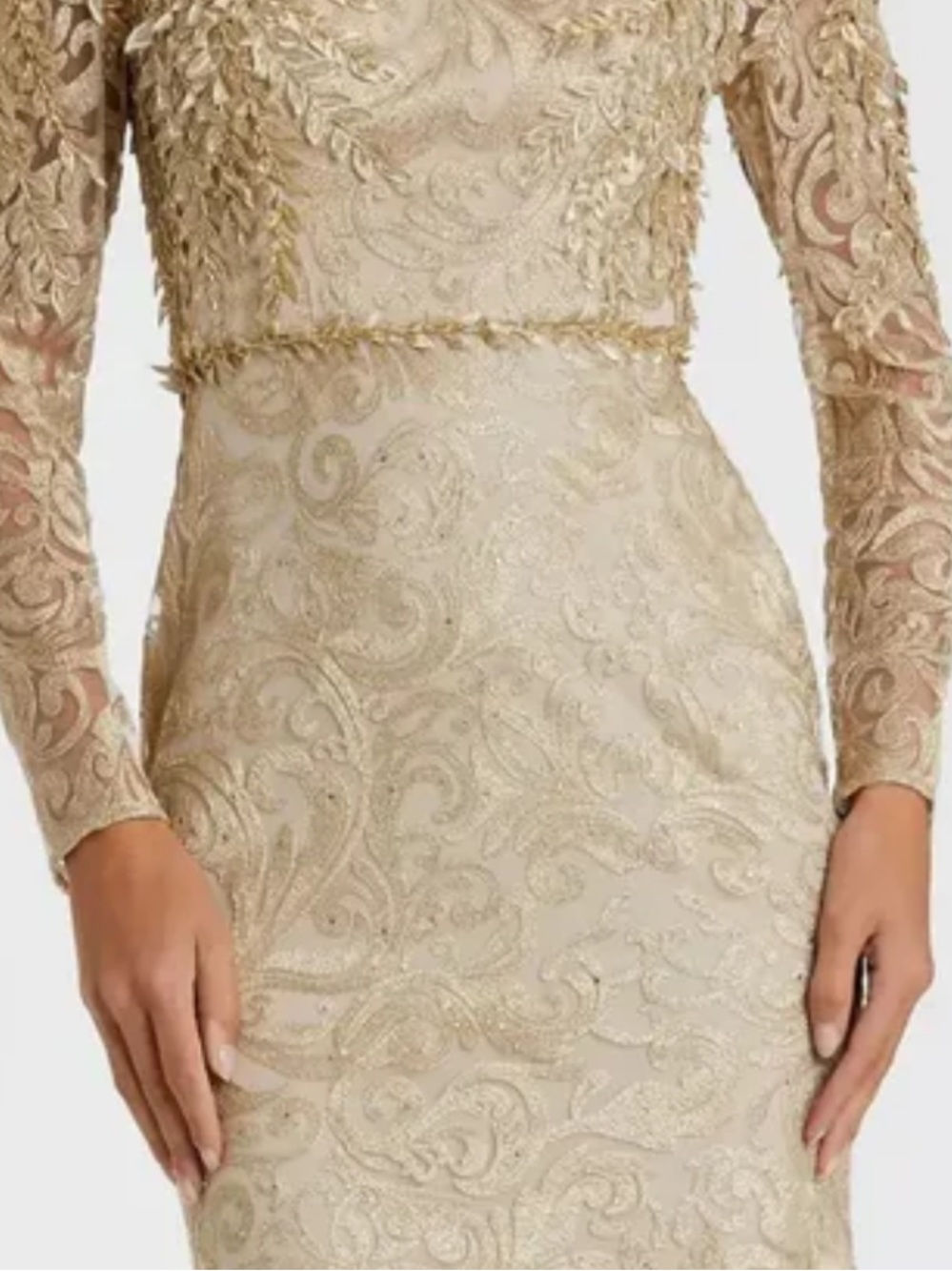 Mac Duggal Elegant Gold Lace Long-Sleeve Evening Dress